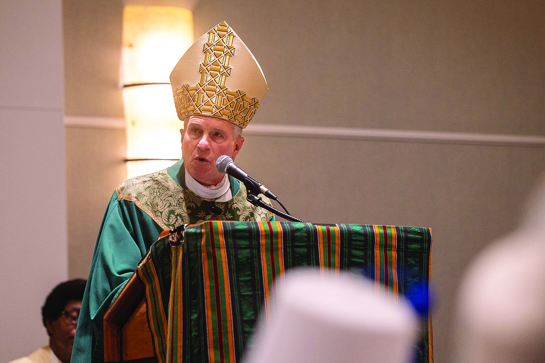 Archbishop Timothy P. Broglio of the U.S. Archdiocese for the Military Services, who is president of the U.S. Conference of Catholic Bishops, delivers the homily at a July 20, 2025, Mass opening the Knights of Peter Claver's 109th annual Senior National Convention July 20-23 in Rockville, Md. (OSV News photo/Mihoko Owada, Catholic Standard)