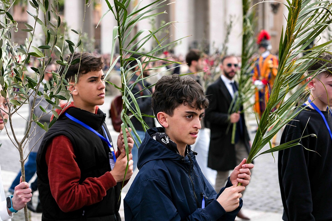 Young people carry palm and olive branches in St. Peter’s Square as they take part in the entrance procession at the start of Palm Sunday Mass at the Vatican April 13, 2025. (CNS photo/Lola Gomez)