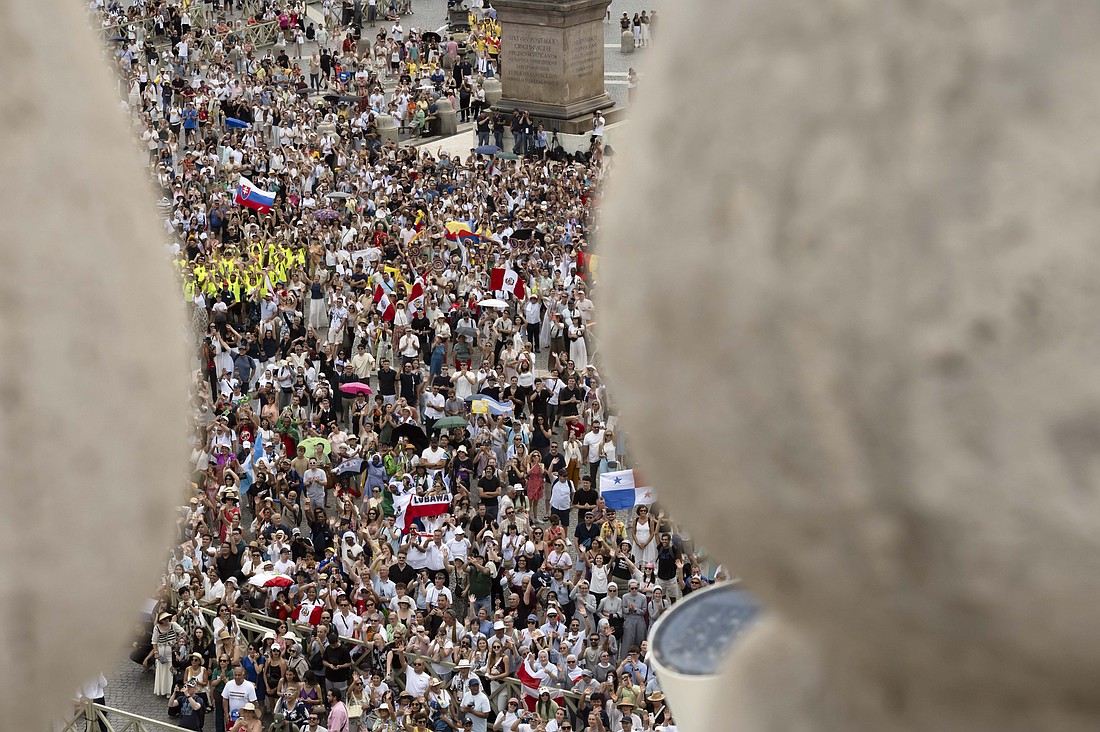 Visitors gather in St. Peter’s Square at the Vatican for the Angelus with Pope Leo XIV July 27, 2025. (CNS photo/Vatican Media).