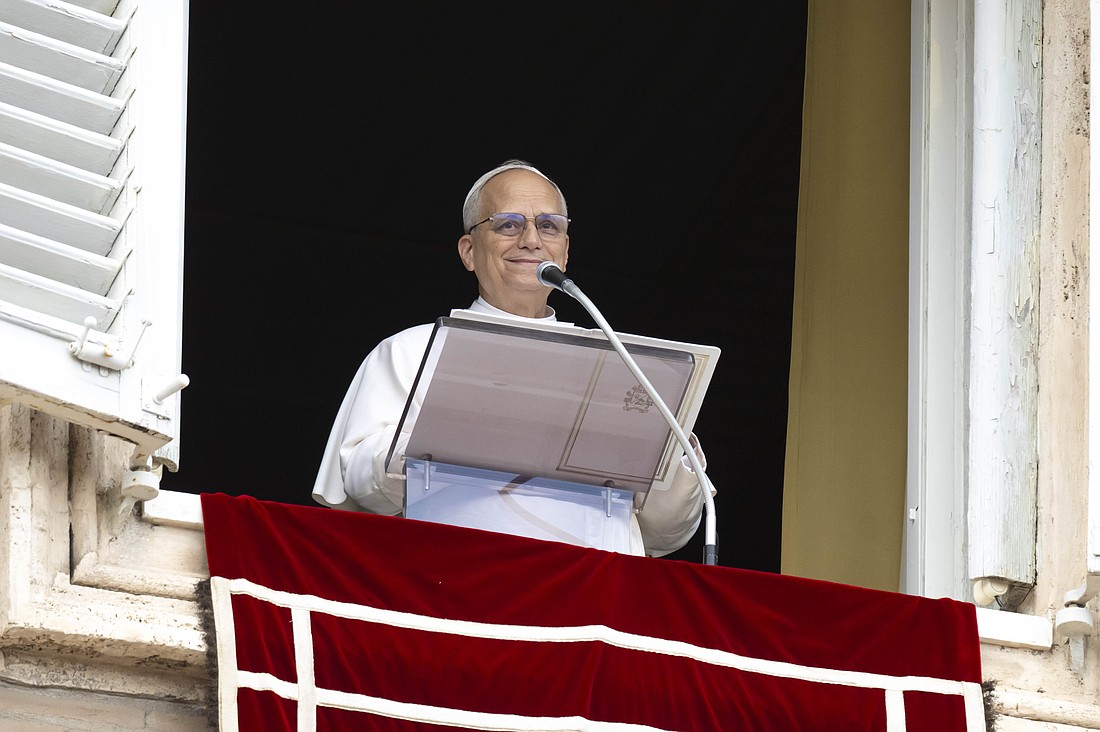 Pope Leo XIV leads the Angelus from the window of the Apostolic Palace overlooking St. Peter’s Square at the Vatican July 27, 2025. (CNS photo/Vatican Media)