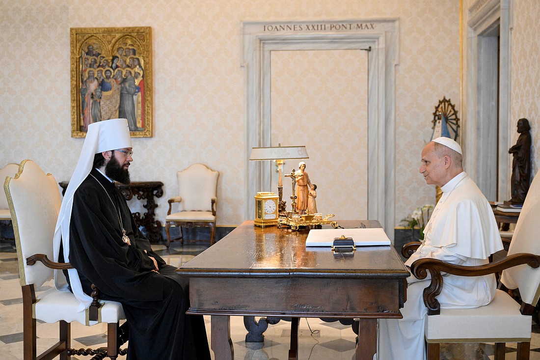 Pope Leo XIV speaks with Russian Orthodox Metropolitan Anthony of Volokolamsk, head of external church relations for the Moscow Patriarchate, during a private meeting at the Vatican July 26, 2025. (OSV News photo/Simone Risoluti, Vatican Media via Reuters)