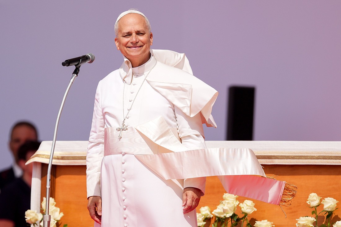 Pope Leo XIV smiles as the wind lifts his mozzetta at the end of the Jubilee of Youth in Rome’s Tor Vergata neighborhood Aug. 3, 2025. The pope addressed the young people after presiding over the closing Mass and Angelus. (CNS photo/Lola Gomez)