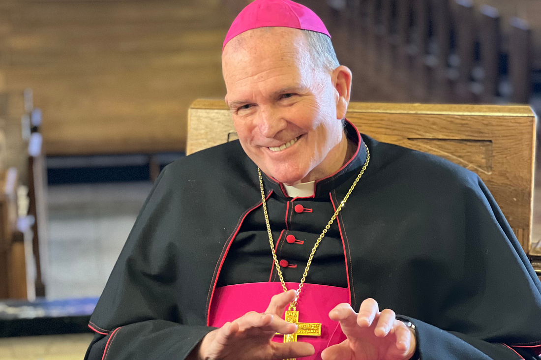Bishop O’Connell records a pastoral message in St. Paul Church, Princeton. Frank Lettieri photo