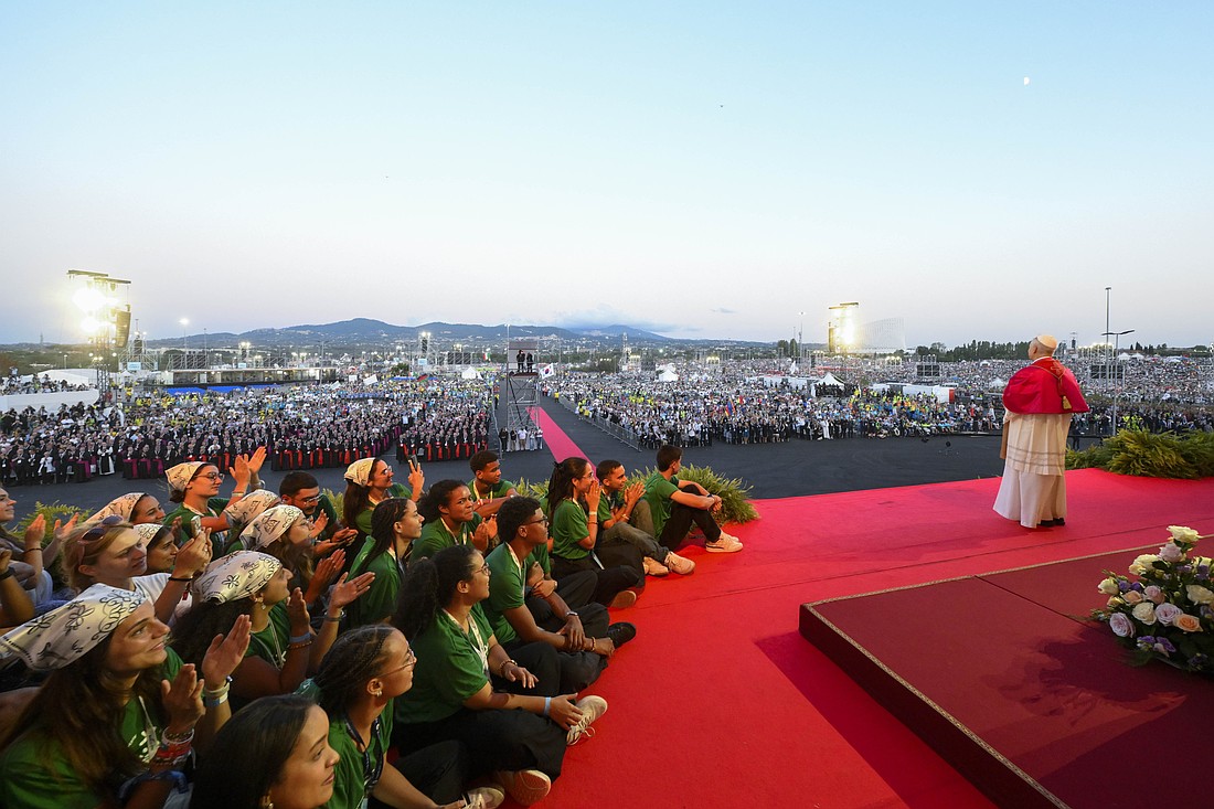 Pope Leo XIV presides over a prayer vigil in Rome's Tor Vergata neighborhood Aug. 2, 2025, with hundreds of thousands of young people gathered for the Jubilee of Youth. (CNS photo/Vatican Media)