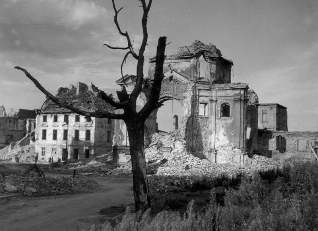 The convent of the Benedictine Nuns of the Most Blessed Sacrament and the Church of St. Casimir in Warsaw, Poland, are seen in an undated photograph after the buildings were destroyed during the Second World War by German bombing amid the Warsaw Uprising, burying 34 sisters, four priests and a thousand civilians in the rubble on Aug. 31, 1944. (OSV News photo/courtesy Nuns of the Most Blessed Sacrament) EDITORS: BEST AVAILABLE QUALITY
