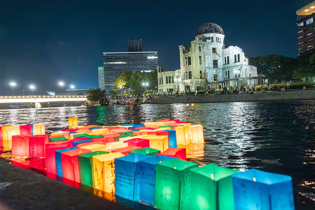 Lanterns are pictured along the Motoyasu River facing the gutted Atomic Bomb Dome in Hiroshima, Japan, Aug. 6, 2025, on the 80th anniversary of the United States dropping the atomic bomb on Hiroshima. (OSV News photo/Mihoko Owada, Catholic Standard)