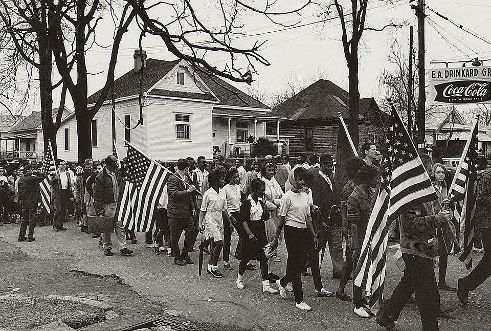 Participants are seen marching in a Civil Rights march from Selma to Montgomery, Ala., in this 1965 photo. More than 60 years ago -- March 7, 1965 -- approximately 600 peaceful demonstrators approached the foot of the Edmund Pettus Bridge in Selma and were greeted by a phalanx of armed sheriff's deputies and state troopers who rushed the marchers and brutally beat them. (OSV News photo/Library of Congress via Reuters)