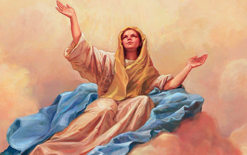 Mary is shown being taken up to heaven in a painting inside a dome of the Basilica of the National Shrine of the Assumption of the Blessed Virgin Mary in Baltimore. The feast of her assumption is celebrated Aug. 15 in the Roman Catholic Church. (OSV News photo/Nancy Wiechec)