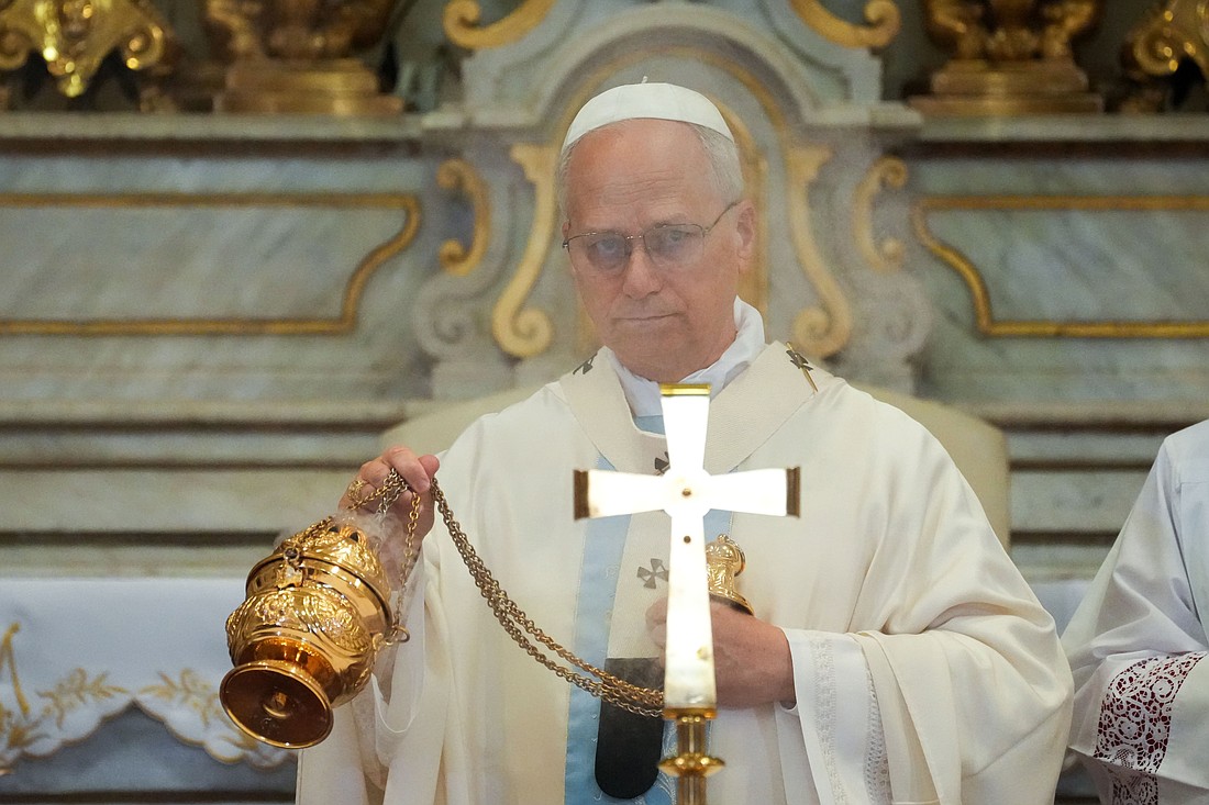 Pope Leo XIV celebrates Mass in the Church of St. Thomas of Villanova in Castel Gandolfo, Italy, on the feast of the Assumption of Mary Aug. 15, 2025. (CNS photo/Lola Gomez)