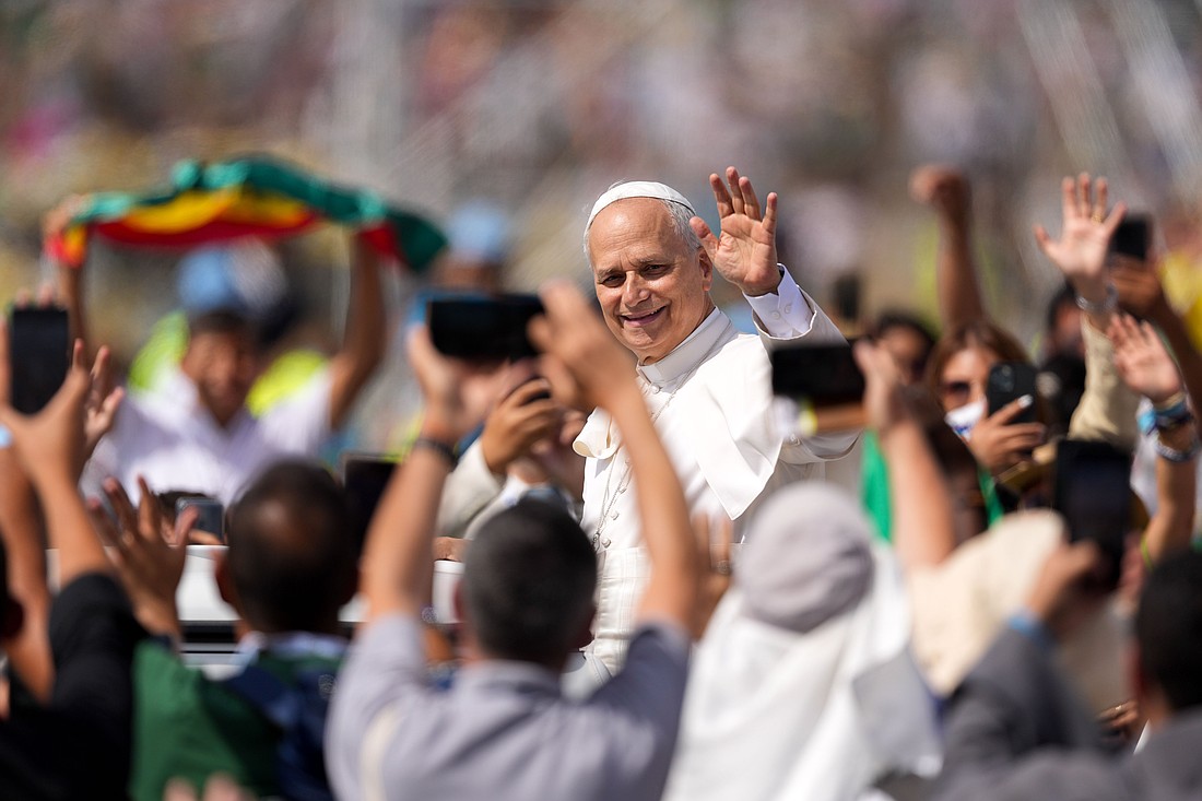 Pope Leo XIV waves to the crowd from the popemobile as he departs after celebrating a Mass concluding the Jubilee of Youth in Rome's Tor Vergata neighborhood Aug. 3, 2025. (CNS photo/Lola Gomez)