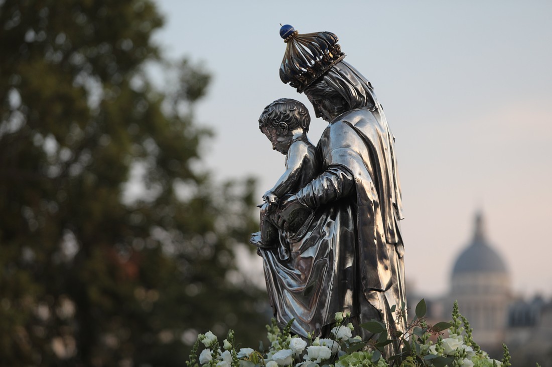 A 19th-century silver statue of the Virgin Mary is carried in a procession beginning at Notre Dame Cathedral in Paris on Aug. 15, 2025. For the first time since its reopening in December 2024, the cathedral marked the feast of the Assumption with the solemn outdoor procession that drew as many as 3,400 faithful, who filled the streets of the Ile de la Cité, honoring the Virgin Mary in a tradition interrupted for five years by the cathedral's post-fire restoration. (OSV News photo/courtesy Antoine Muller)