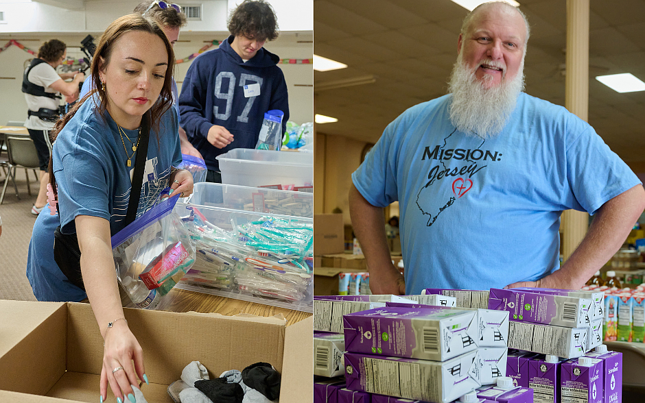 Teen volunteers at Mission: Jersey sort toiletries, snacks and other items into bags for children in need. 

Daniel Waddington, director of the diocesan Department of Youth and Young Adult Ministries, smiles for a photo during the Mission: Jersey event in Sacred Heart Church, Trenton. Mike Ehrmann photos