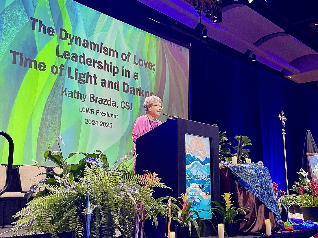 Sister Kathy Brazda, outgoing president of the Leadership Conference of Women Religious, speaks Aug. 13, 2025, during the LCWR assembly in Atlanta, held Aug. 12-15. A member of the Congregation of St. Jospeh, she acknowledged the shifts of religious life with aging and declining number of Catholic sisters but said that "dread is not of God" and encouraged religious to discern how Christ is calling them today. (OSV News photo/Andrew Nelson, Georgia Bulletin)