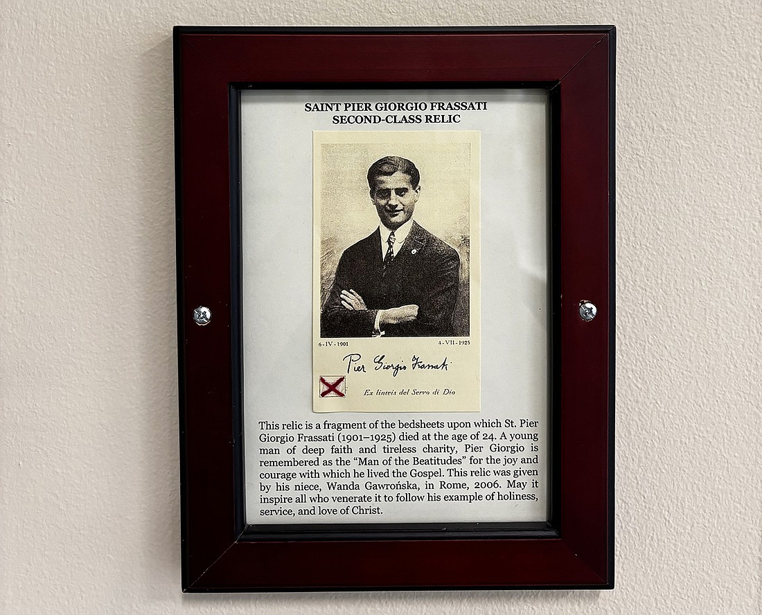 A relic of Pier Giorgio Frassati is displayed in the Frassati Youth Hall, named in his honor last year, in St. David the King Parish, Princeton Junction. Courtesy photo