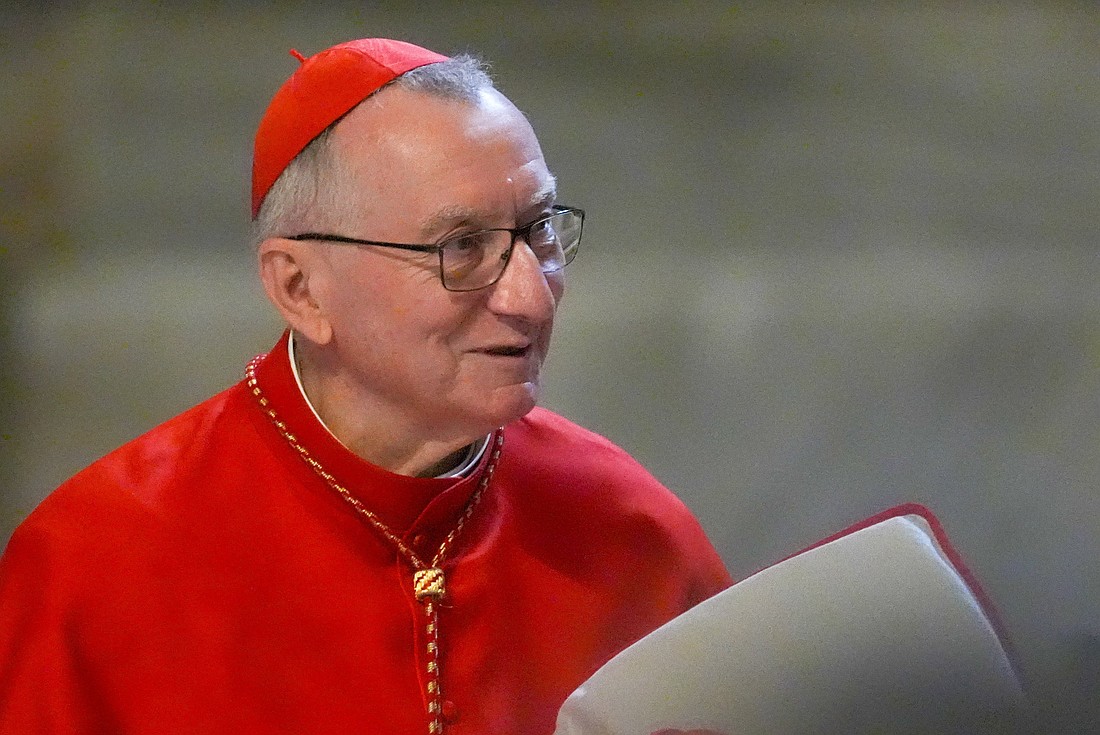Cardinal Pietro Parolin, the Vatican's secretary of state, arrives in St. Peter's Basilica at the Vatican May 7, 2025. Cardinal Parolin was honored with the Path to Peace Award in New York May 19 for his diplomatic efforts to build peace among nations. (CNS photo/Lola Gomez)