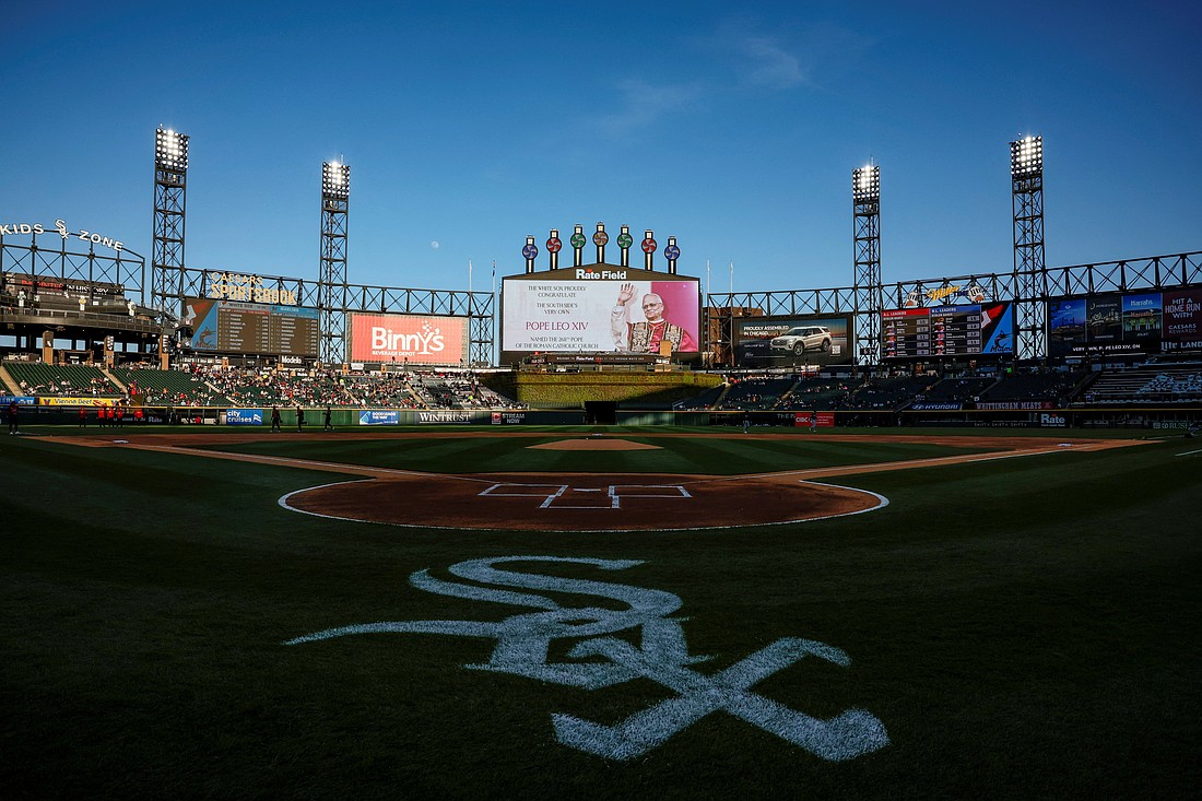 An image of Pope Leo XIV is displayed inside the Rate Field baseball stadium before a game between the Chicago White Sox and the Miami Marlins in Chicago May 9, 2025. (OSV News photo/Carlos Osorio, Reuters)