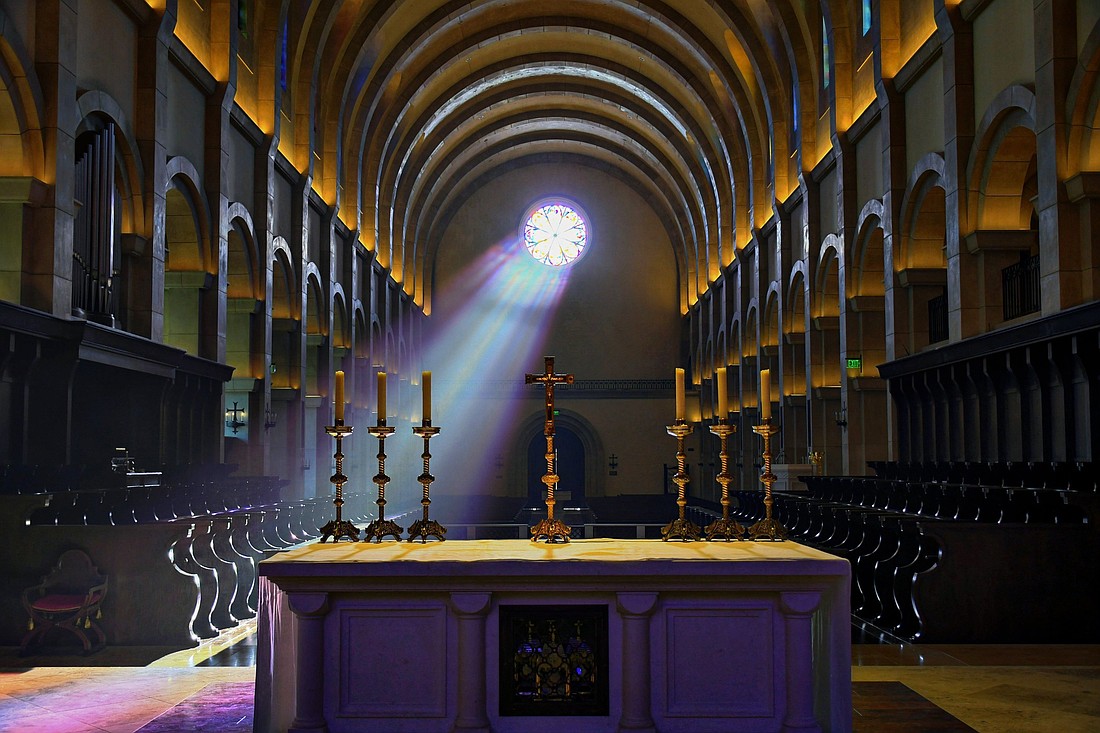 Light streams through a stained-glass window in the Norbertines' Church of Our Lady of the Assumption at St. Michael's Abbey in Silverado, Calif., in this undated photo. On Sept. 2, 2025, law enforcement officials arrested an Alabama man after he allegedly made criminal threats against the abbey church. (OSV News photo/courtesy St. Michael's Abbey)