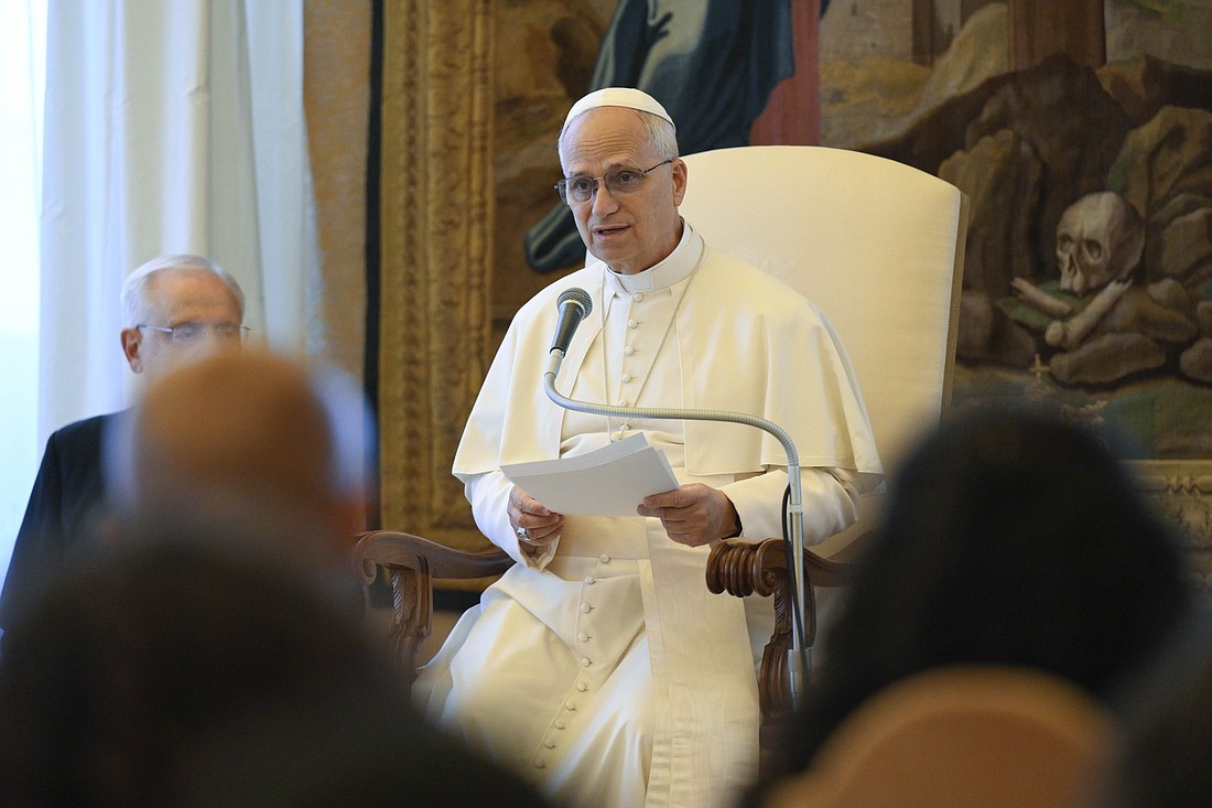 Pope Leo XIV speaks to members of the Youth Council of the Mediterranean at the Vatican Sept. 5, 2025. The council, coordinated by the Italian bishops, includes young adult representatives from more than a dozen Mediterranean countries. (CNS photo/Vatican Media)..