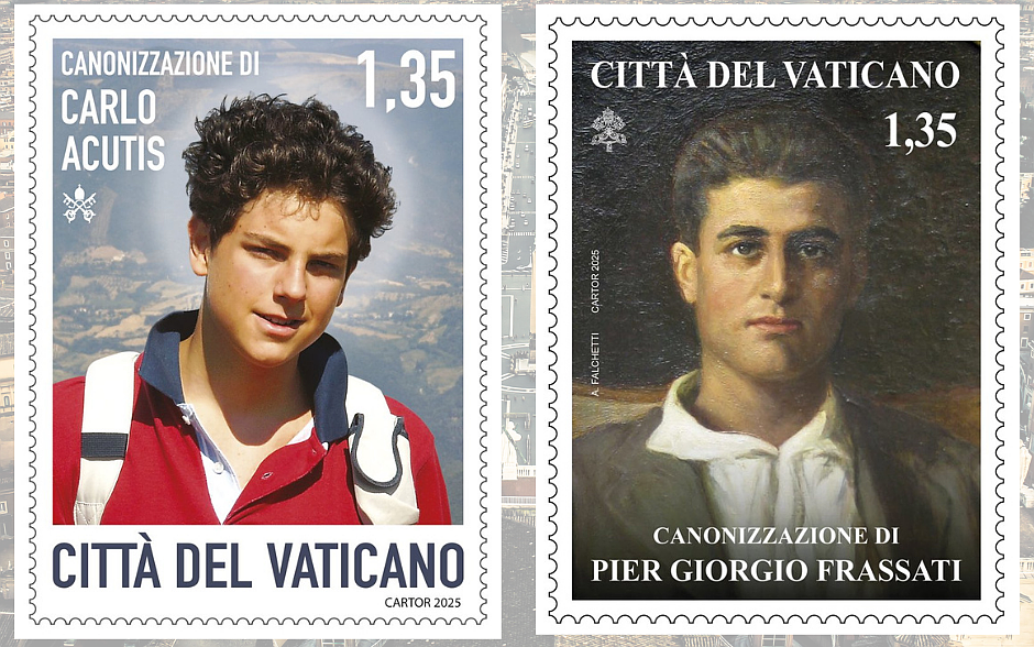 A Vatican postage stamp featuring a photo of Carlo Acutis will go on sale immediately after Pope Leo XIV canonizes him Sept. 7, 2025. Acutis was born May 3, 1991, and died Oct. 12, 2006, of leukemia at the age of 15. (CNS photo/courtesy Vatican stamp and coin office)

A Vatican postage stamp featuring a painting of Pier Giorgio Frassati will go on sale immediately after Pope Leo XIV canonizes him Sept. 7, 2025. Frassati was born April 6, 1901, and died July 4, 1925, of polio at the age of 24. (CNS photo/courtesy Vatican stamp and coin office)
