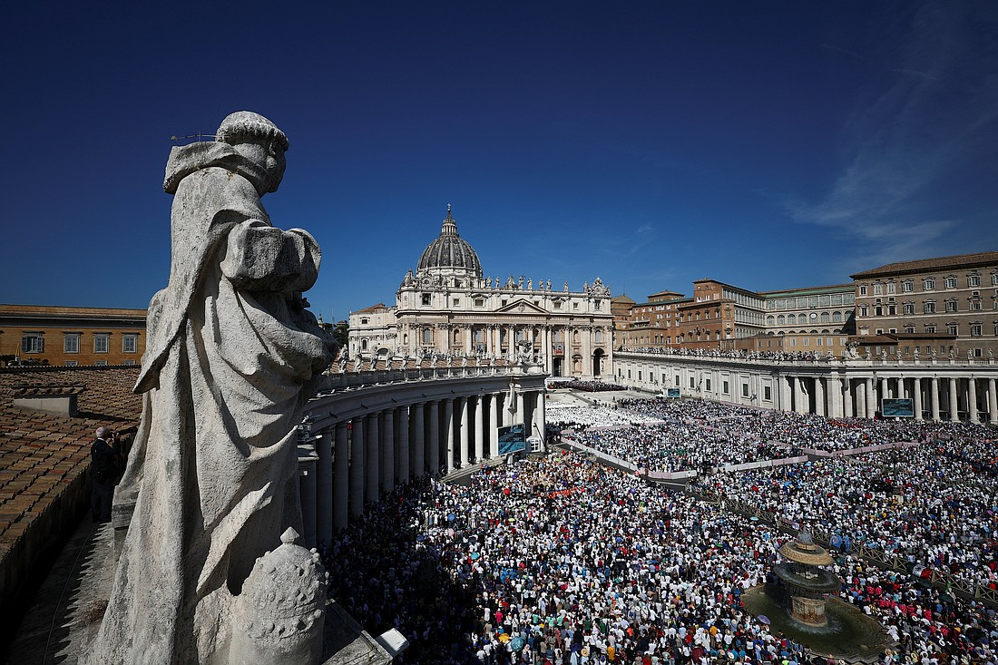 People attend  the canonization Mass of Blessed Carlo Acutis, a British-born Italian boy who will become the first millennial to be made a Catholic saint, and Blessed Pier Giorgio Frassati, in St. Peter's Square at the Vatican, Sept. 7, 2025. (OSV News photo/Guglielmo Mangiapane, Reuters)