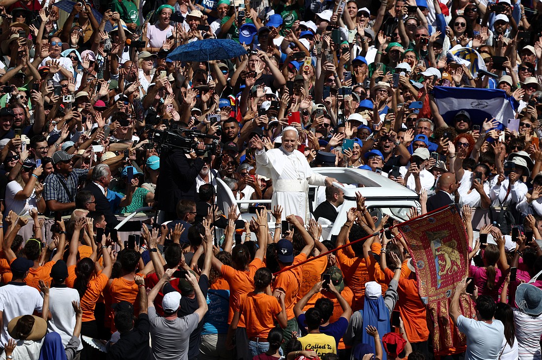 Pope Leo XIV greets the faithful after the canonization Mass of St. Carlo Acutis, a British-born Italian boy who became the first millennial to be made a Catholic saint, and St. Pier Giorgio Frassati, in St. Peter's Square at the Vatican, Sept. 7, 2025. (OSV News photo/Guglielmo Mangiapane, Reuters)