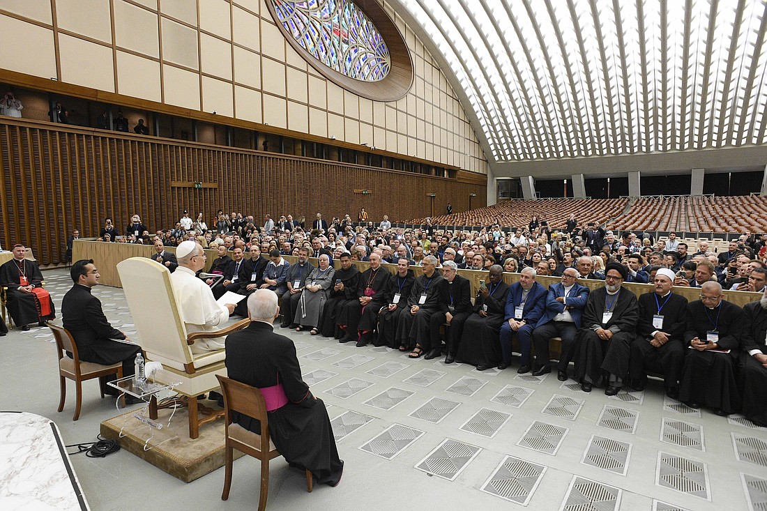Pope Leo XIV speaks to scholars taking part in a conference on Mariology, organized by the Pontifical International Marian Academy, during an audience in the Paul VI Audience Hall at the Vatican Sept. 6, 2025. (CNS photo/Vatican Media)