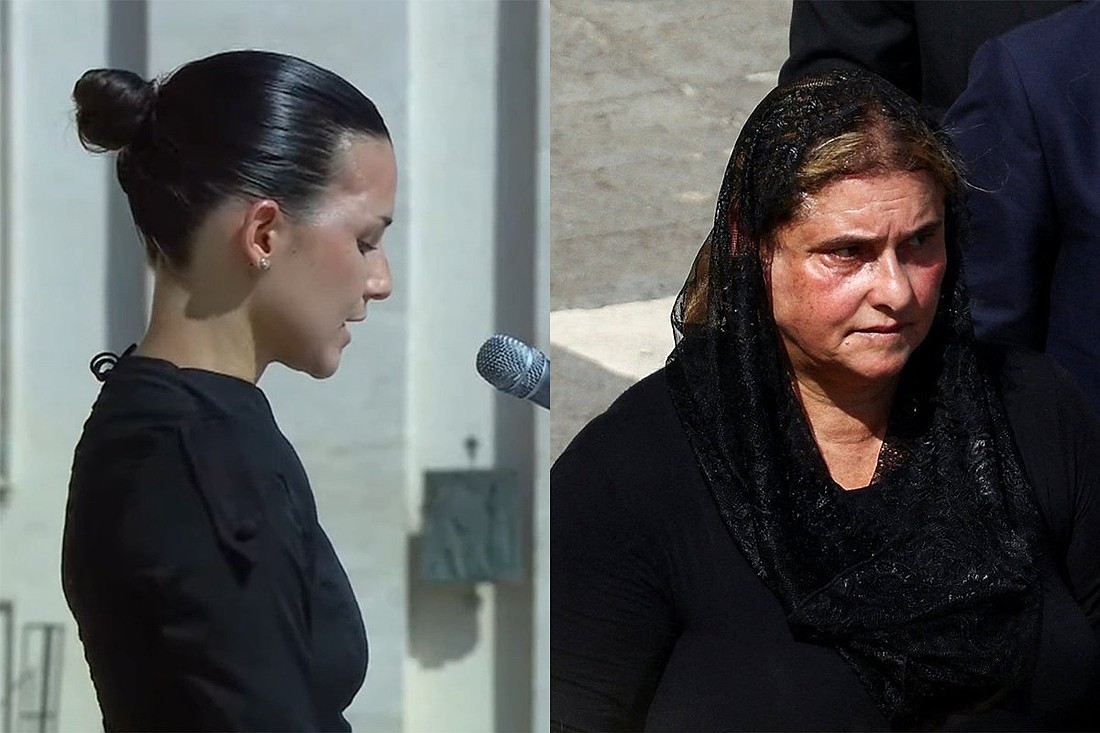 Valeria Vargas Valverde, left, reading the universal prayer, and Antonia Salzano, St. Carlo Acutis' mother, are seen Sept. 7, 2025, at the canonization Mass of St. Carlo and St. Pier Giorgio Frassati in a combination photo. Valverde was healed from severe head trauma through the intercession of now-St. Carlo, after her mother prayed at the tomb of the young teen. Her recovery, which her doctors called medically inexplicable, was the second miracle needed for Acutis’ canonization. (OSV News photo/Vatican News, Reuters)
