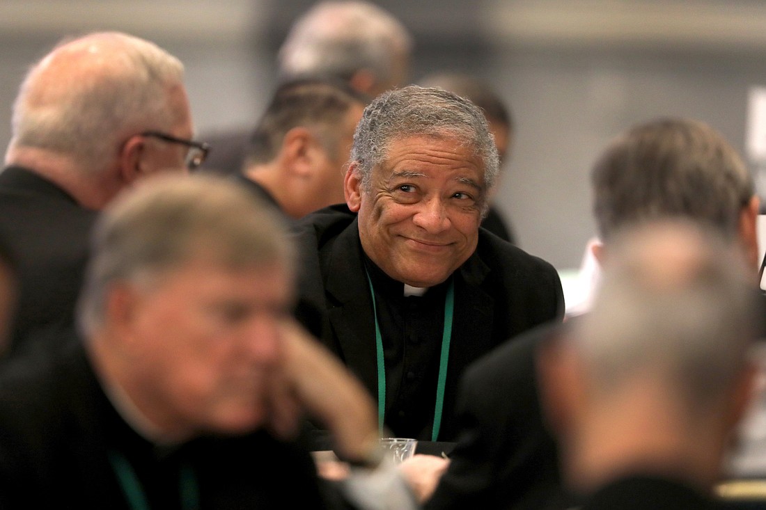 Retired Chicago Auxiliary Bishop Joseph N. Perry, chair of the U.S. Conference of Catholic Bishops' Ad Hoc Committee on Racism and the USCCB Subcommittee on African American Affairs, smiles during a Nov. 14, 2023, session of the USCCB's fall general assembly in Baltimore. (OSV News photo/Bob Roller)