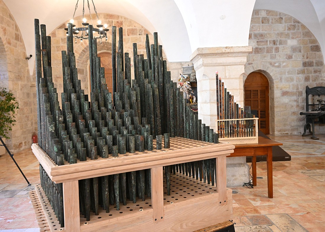 The oldest organ in the Christian world is seen at the Franciscan Monastery of St. Saviour in the Old City of Jerusalem Sept. 9, 2025, after 800 years of silence. A five-year international research project reconstituted the 11th-century organ with its original pipes afte the rediscovery of the organ's 222 ancient bronze pipes. (OSV News photo/Debbie Hill)