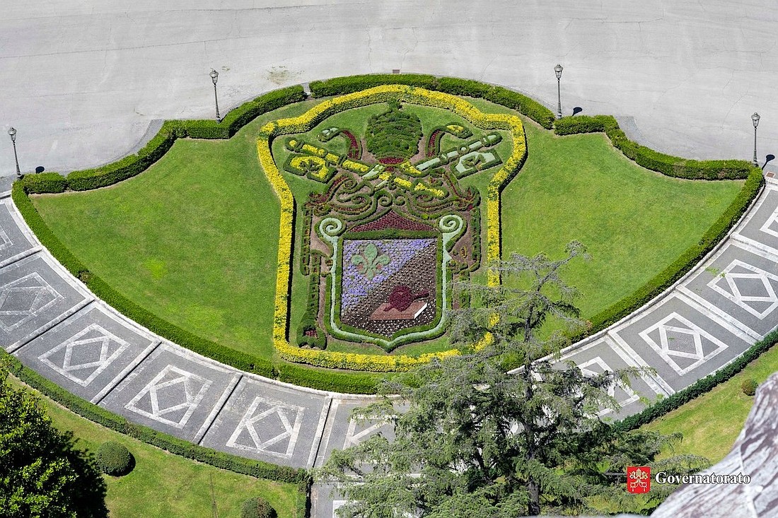 A detail of a botanical reproduction of Pope Leo XIV's coat of arms can be seen in this photo taken in May 2025 at the Vatican. (CNS photo/courtesy of the office governing Vatican City State)
