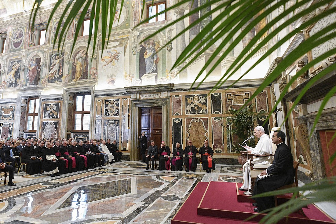 Pope Leo XIV speaks to participants in a seminar sponsored by the Pontifical Academy of Theology during an audience in the Apostolic Palace at the Vatican Sept. 13, 2025. (CNS photo/Vatican Media)