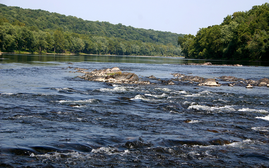 View of the Delaware River taken at Washington Crossing State Park. To the left, Pennsylvania just downstream of New Hope.  New Jersey is to the right.