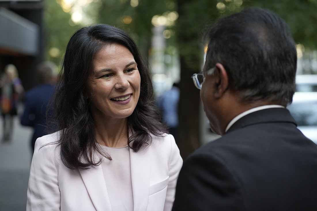 Annalena Baerbock, president of the 80th session of the United Nations General Assembly, chats with a fellow attendee after participating in the annual prayer service for U.N. diplomats at Holy Family Church in New York City Sept. 8, 2025. The event, hosted by the Vatican's permanent observer mission to the U.N., took place on the eve of the opening of the 80th session of the U.N. General Assembly. (OSV News photo/Gregory A. Shemitz)
