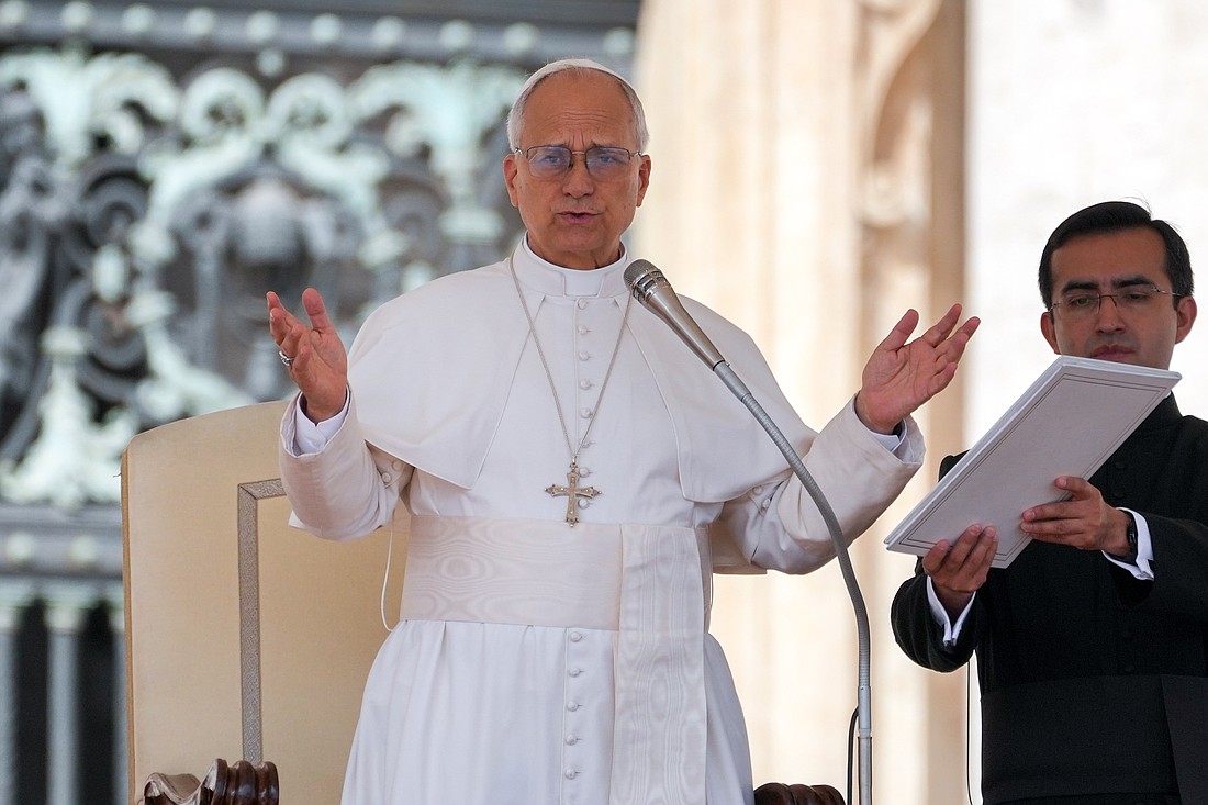 Pope Leo XIV gives his blessing during his weekly general audience in St. Peter's Square at the Vatican Sept. 17, 2025. (CNS photo/Lola Gomez)