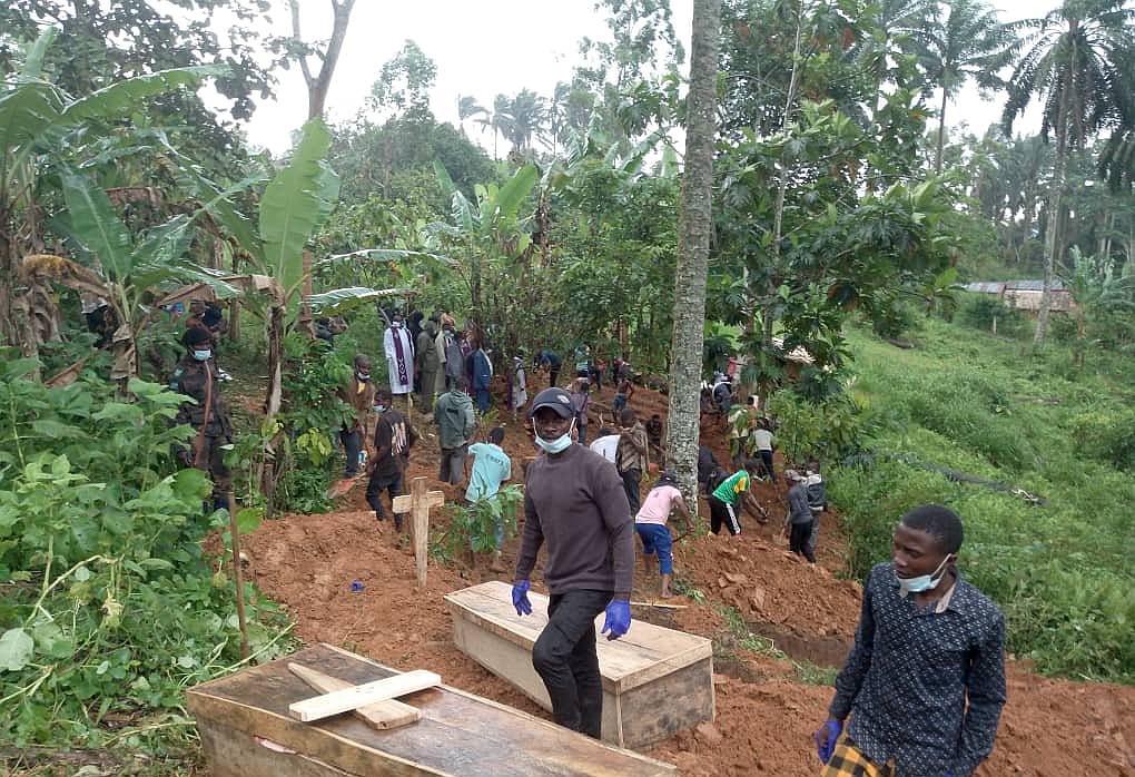 People attend the burial of victims of a Sept. 8-9, 2025, massacre in Ntoyo, in the area of St. Joseph of Manguredjipa Catholic Parish, in the Congolese province of North Kivu. According to local sources close to the charity, the massacre -- attributed to the Allied Democratic Forces -- left at least 64 dead, many of whom were killed while taking part in a wake. (OSV News photo/courtesy Aid to the Church)