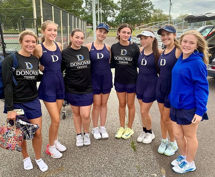 The Donovan Catholic girls tennis team carried a 6-0 record into its Sep. 18 Shore Conference Tournament match with Marlboro. From left are Stephanie Stulich, Sophia Wall, Layla Durazzo, Patty Hannon, Audrey Barrett, Michelle Salvatore, Annmarie Bologna and Emma Cookson. Facebook photo