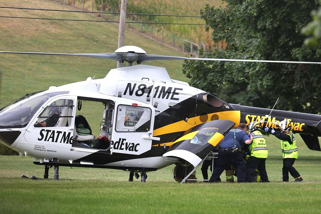 A police officer is loaded into a Medevac helicopter after a shooting incident in York County's North Codorus Township, Pa., Sept. 17, 2025. Three police officers were fatally shot and two wounded in southern Pennsylvania, and the shooter was killed by police, authorities said. (OSV News photo/Paul Kuehnel, USA Today Network via Reuters) Editors: NO RESALES. NO ARCHIVES. THIS IMAGE HAS BEEN SUPPLIED BY A THIRD PARTY