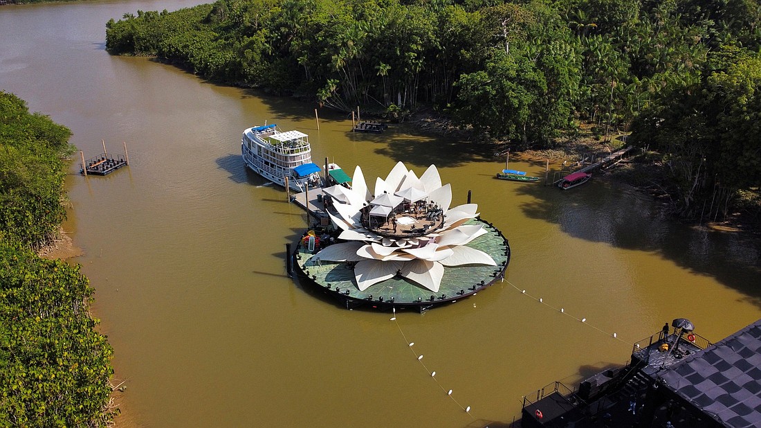 A drone view shows a floating stage shaped like a giant water lily Sept. 15, 2025 in the Guama River in Belem, Brazil. It is set for concerts of singers Mariah Carey, Joelma, Gaby Amarantos and Dona Onete, who will perform during the 30th U.N. Climate Change Conference, COP30, which Belem will be hosting in November. (OSV News photo/Marx Vasconcelos, Reuters)