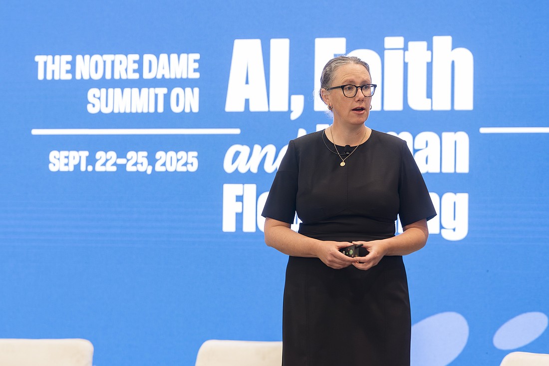 Meghan Sullivan, a philosophy professor and director of the Institute for Ethics and the Common Good and the Ethics Initiative at the University of Notre Dame, gives the keynote address Sept. 23, 2025, at a Notre Dame summit on artificial intelligence. (OSV News photo/Evan Cobb, University of Notre Dame)