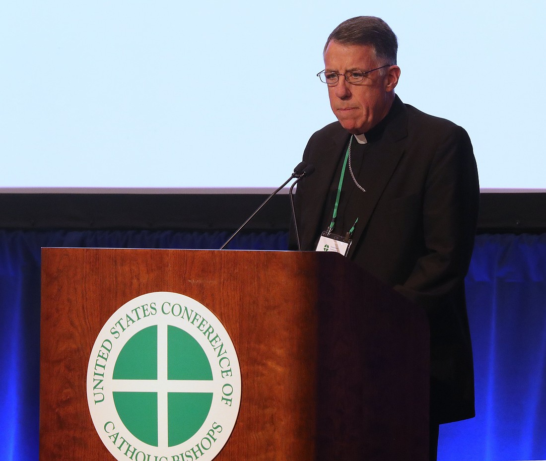 Bishop James F. Checchio of Metuchen, N.J., speaks during a Nov. 13, 2024, session of the fall general assembly of the U.S. Conference of Catholic Bishops in Baltimore. Pope Leo XIV appointed Bishop Checchio as coadjutor archbishop of New Orleans on Sept. 24, 2025. (OSV News photo/Bob Roller)