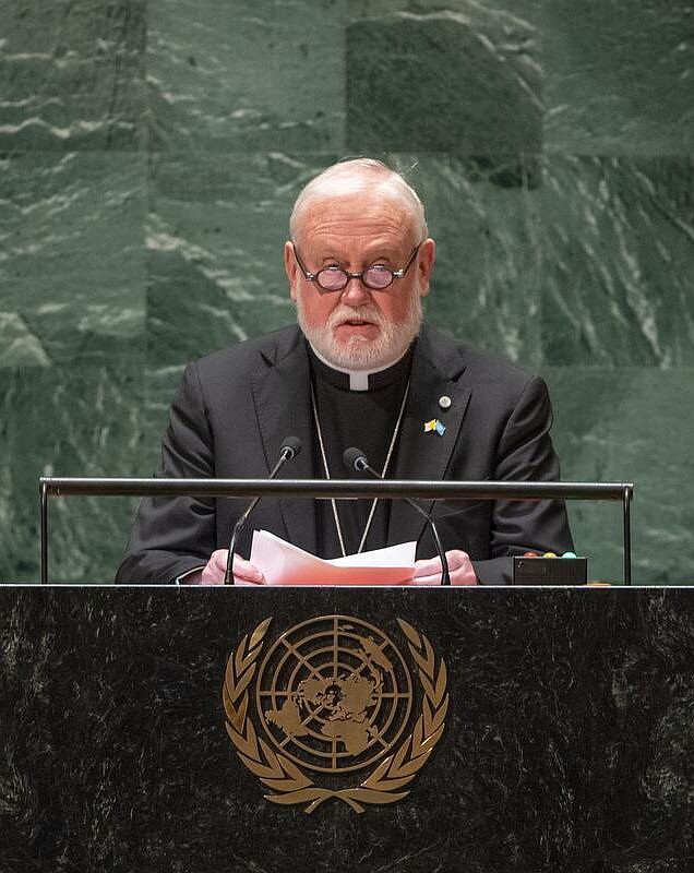 Archbishop Paul R. Gallagher, Vatican secretary for Relations with States and International Organizations, addresses the 78th session of the United Nations General Assembly at U.N. headquarters in New York City Sept. 26, 2023. In remarks during a high-level meeting at the U.N. Sept. 22, 2025, marking the 30th anniversary of the Fourth World Conference on Women, Archbishop Gallagher said women throughout the world remain at high risk from poverty, violence and lack of access to health care, Archbishop Gallagher said. (OSV News photo/Cia Pak, United Nations)