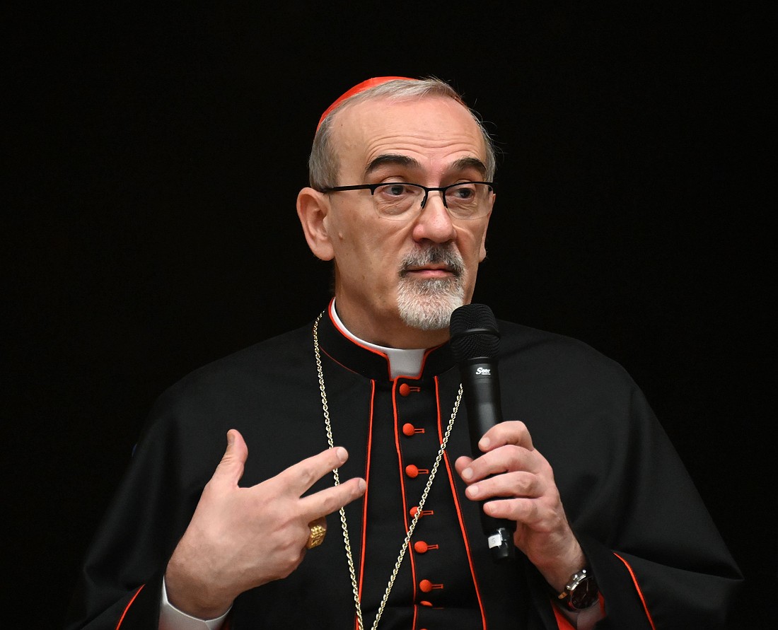 Cardinal Pierbattista Pizzaballa, the Latin patriarch of Jerusalem, speaks July 22, 2025, at a joint press conference at the Notre Dame Center in Jerusalem with Greek Orthodox Patriarch Theophilos III of Jerusalem about their visit to Gaza. (OSV News photo/Debbie Hill)