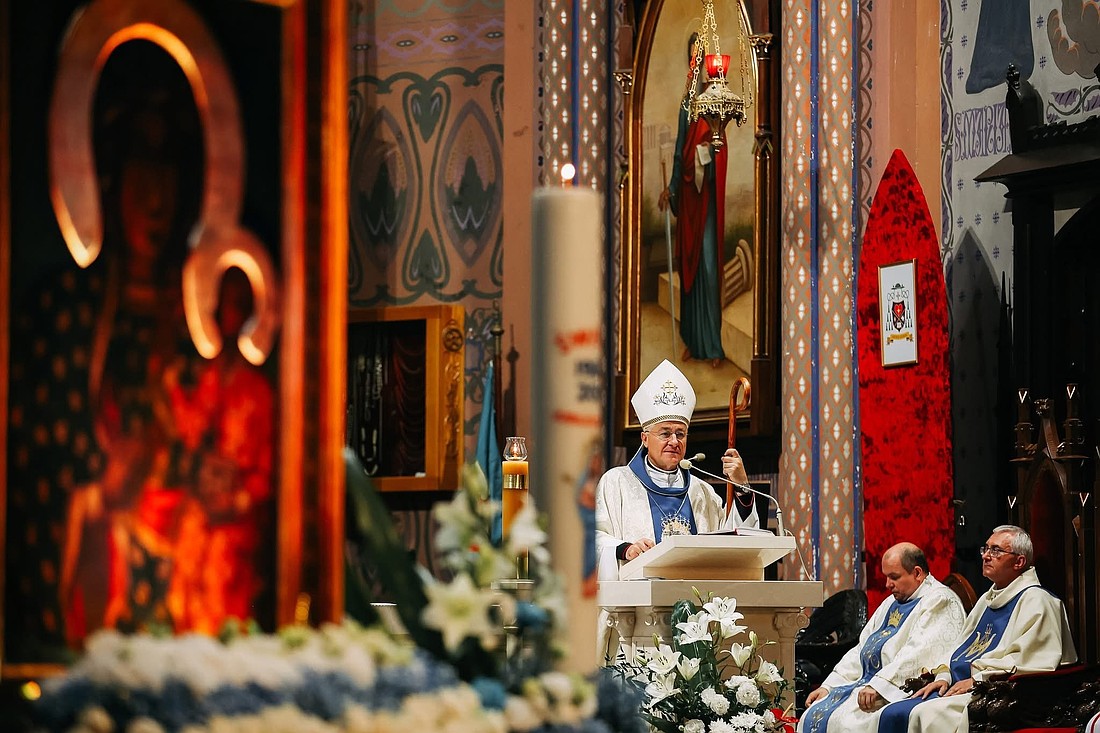 Bishop Artur Wazny of Sosnowiec, Poland, is seen Aug. 30, 2025, in the cathedral of Sosnowiec, as his diocese inaugurated a decades-long pilgrimage of the copy of a famed icon of Our Lady of Czestochowa that is aimed to visit all 10,000 parishes across the Catholic country. It is a tradition started in 1957 by Blessed Cardinal Stefan Wyszynski, the legendary Primate of the Millenium. (OSV News photo/courtesy Diocese of Sosnowiec)