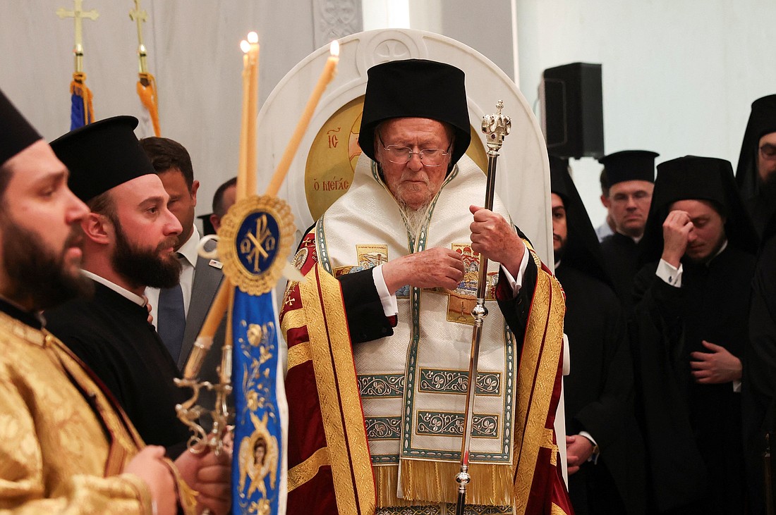 Orthodox Ecumenical Patriarch Bartholomew of Constantinople leads a service at the St. Nicholas Greek Orthodox Church and National Shrine at the World Trade Center site in New York City Sept. 18, 2025. The patriarch's Sept. 14-25 apostolic visit to the U.S. included stops in Washington and Falls Church, Va., in the Diocese of Arlington. (OSV News photo/Shannon Stapleton, Reuters)