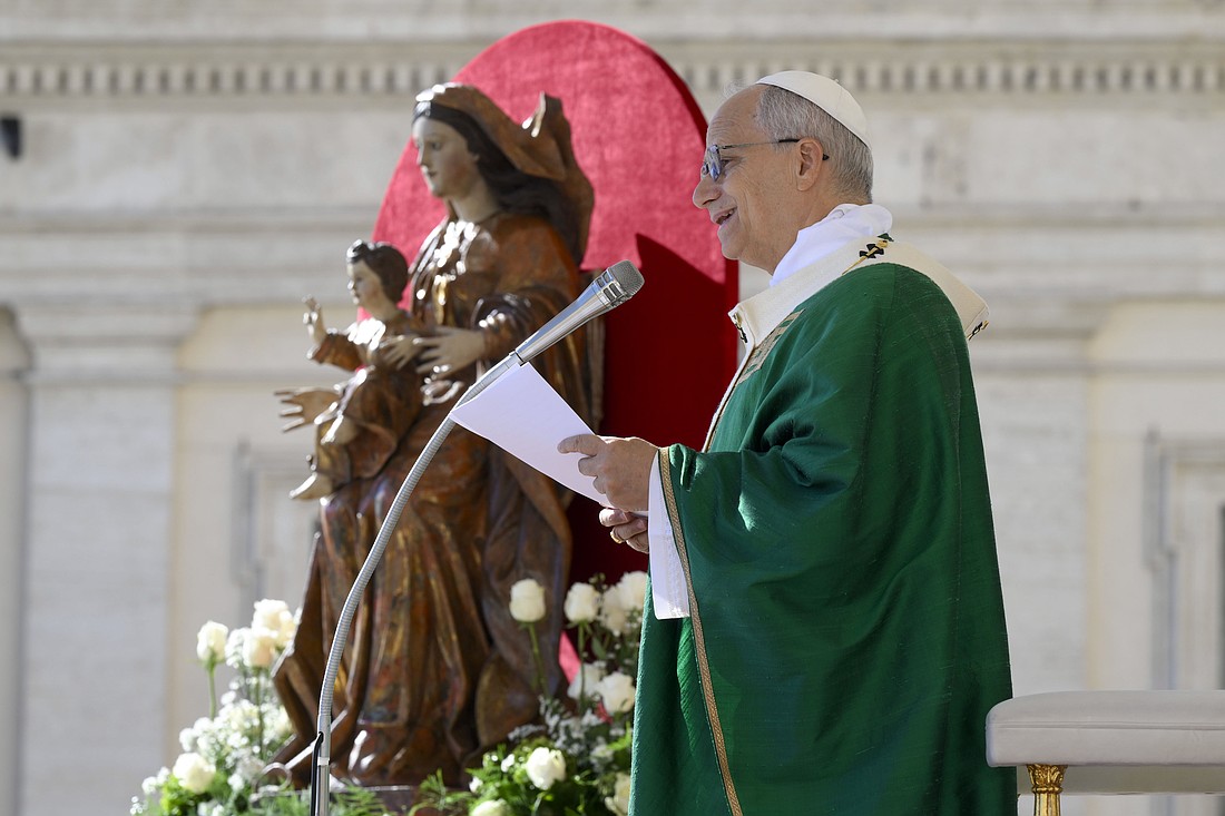 Pope Leo XIV gives his homily as he celebrates Mass for the Jubilee of Catechists in St. Peter's Square at the Vatican Sept. 28, 2025. (CNS photo/Vatican Media)