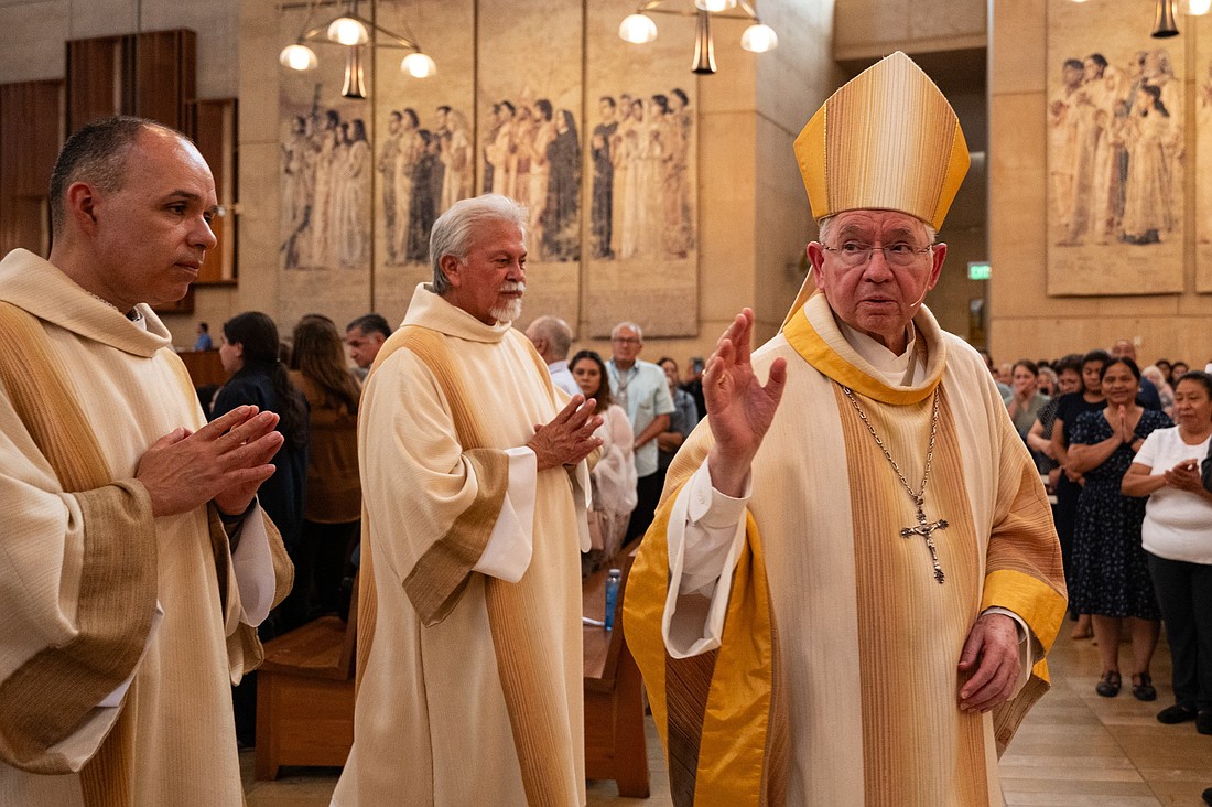 Archbishop Jose H. Gomez of Los Angeles gives a blessing after celebrating a Mass in Recognition of All Immigrants at the Cathedral of Our Lady of the Angels Sept. 21, 2025. (OSV News photo/Evan Lirette, courtesy Archdiocese of Los Angeles)