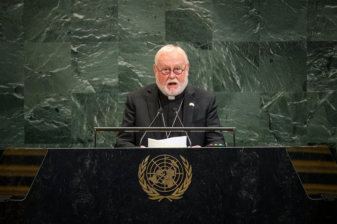 Archbishop Paul R. Gallagher, Vatican secretary for relations with states and international organizations, addresses the 80th session of the United Nations General Assembly at U.N. headquarters in New York City Sept. 29, 2025. Archbishop Gallagher addressed a wide range of issues affecting human dignity and rights. (OSV News photo/Loey Felipe, United Nations)