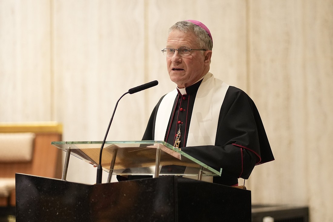 Archbishop Timothy P. Broglio of the U.S. Archdiocese for the Military Services, president of the U.S. Conference of Catholic Bishops, delivers his reflection during the annual prayer service for United Nations diplomats at Holy Family Church in New York City Sept. 8, 2025. The event, hosted by the Vatican's permanent observer mission to the U.N., took place on the eve of the opening of the 80th session of the U.N. General Assembly. (OSV News photo/Gregory A. Shemitz)