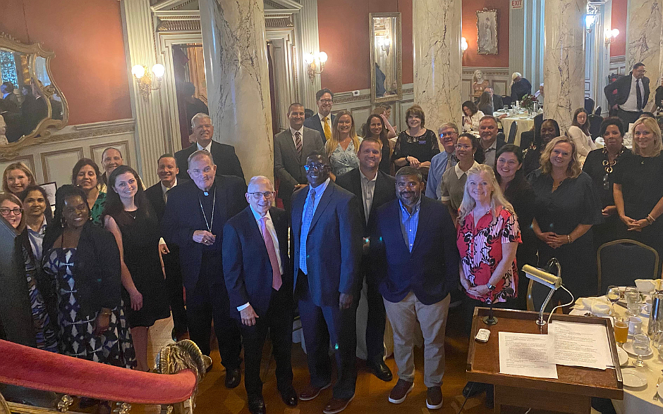 Bishop David M. O’Connell, C.M., stands with members of Georgian Court University’s first Doctor of Education cohort, faculty and Catholic school partners Sept. 19 at the program’s launch event. Kayla Latendresse photo