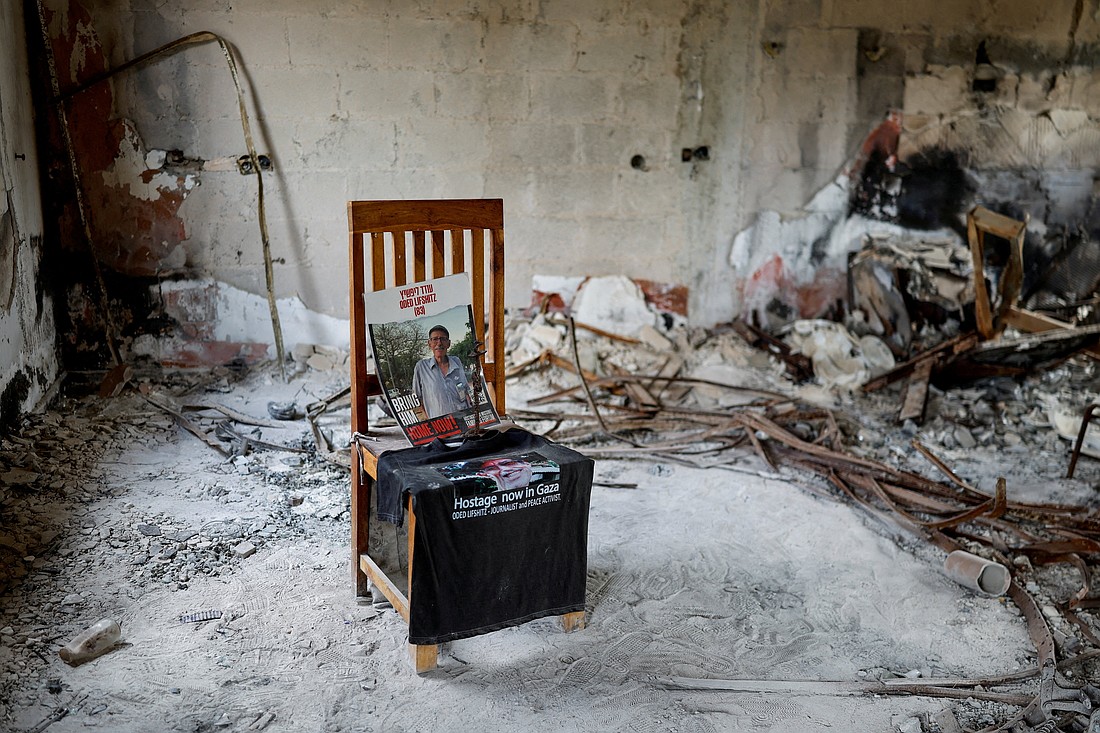 A poster with a picture of Oded Lifshitz, 84, who was kidnapped during the deadly Oct. 7, 2023, attack by Hamas, is placed on a chair on the day of a commemorative memorial in Kibbutz Nir Oz, southern Israel, Oct. 6, 2025. Lifshitz was later killed in captivity. (OSV News photo/Amir Cohen, Reuters)